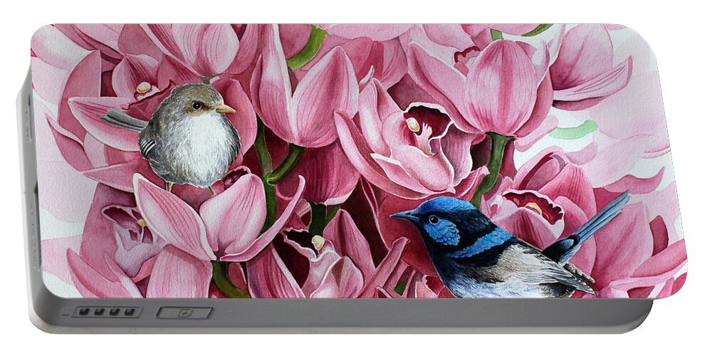 Watercolor Portable Battery Charger featuring the painting Fairy Wrens and Orchids by Debbie Hart
