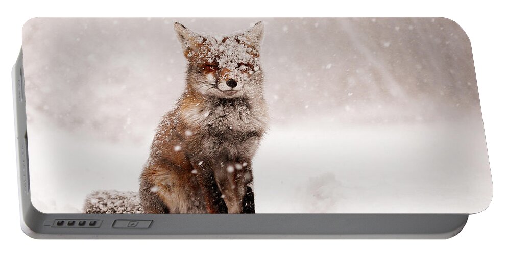 #faatoppicks Portable Battery Charger featuring the photograph Fairytale Fox _ Red Fox in a Snow Storm by Roeselien Raimond