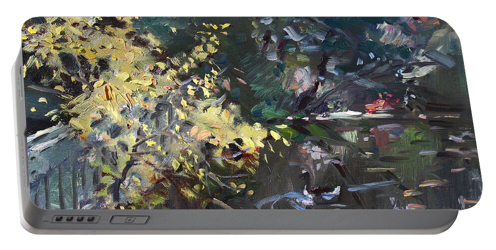 Fall Portable Battery Charger featuring the painting Fall by the Pond by Ylli Haruni