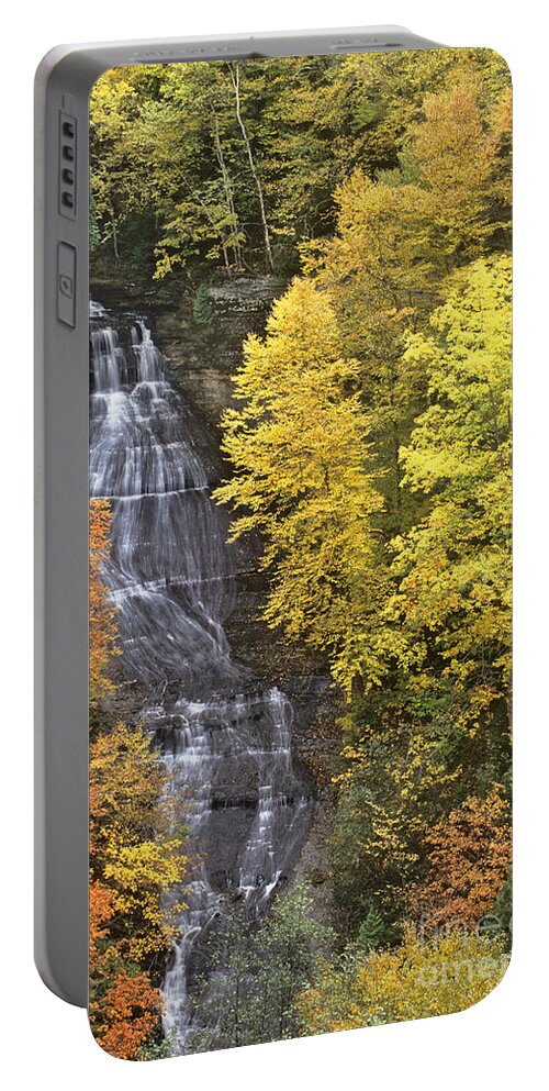 Michigan Portable Battery Charger featuring the photograph Fall Color Surrounds Chapel Falls on the Michigan Upper Peninsula by Dave Welling