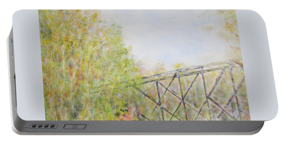 Impressionism Portable Battery Charger featuring the painting Fall Foliage and Bridge in NH by Glenda Crigger