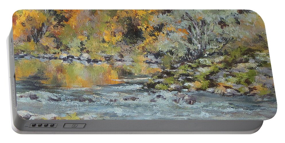 Seasons Portable Battery Charger featuring the painting Fall on the River by Karen Ilari