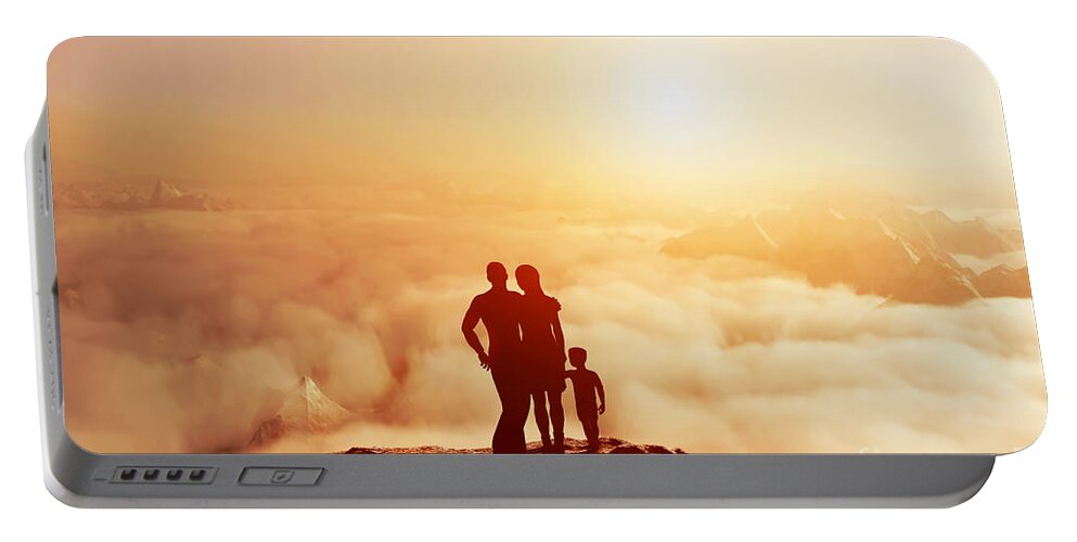 Family Portable Battery Charger featuring the photograph Family together on mountain looking on sunset by Michal Bednarek