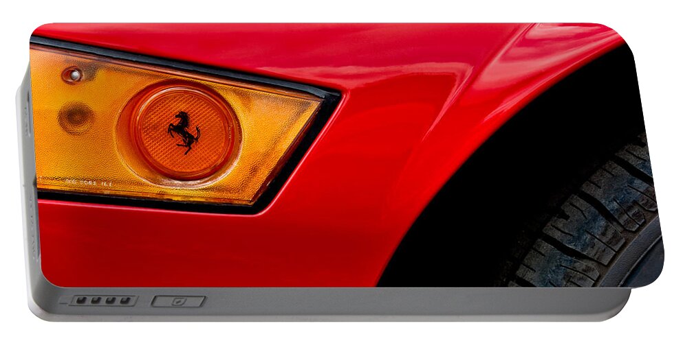 Ferrari Headlight Portable Battery Charger featuring the photograph Ferrari Headlight Emblem -0339c by Jill Reger