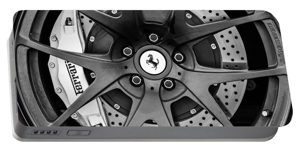 Ferrari Wheel Emblem - Brake Emblem Portable Battery Charger featuring the photograph Ferrari Wheel Emblem - Brake Emblem -0430bw by Jill Reger