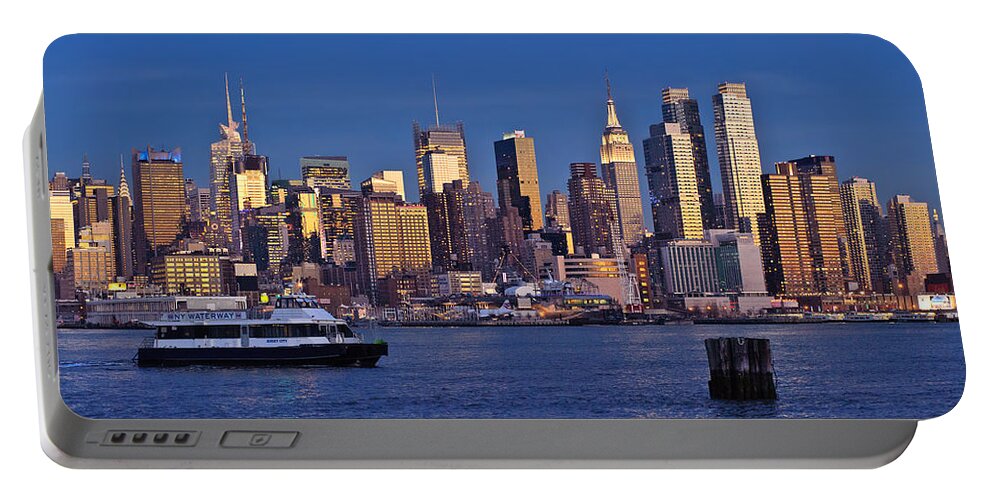 Best New York Skyline Photos Portable Battery Charger featuring the photograph Ferry past Manhattan by Mitchell R Grosky