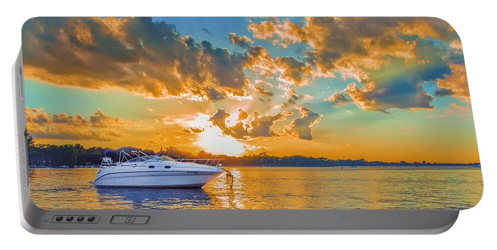 Sunset Portable Battery Charger featuring the photograph Fiery Sunset On Lake Minnetonka by Bill and Linda Tiepelman