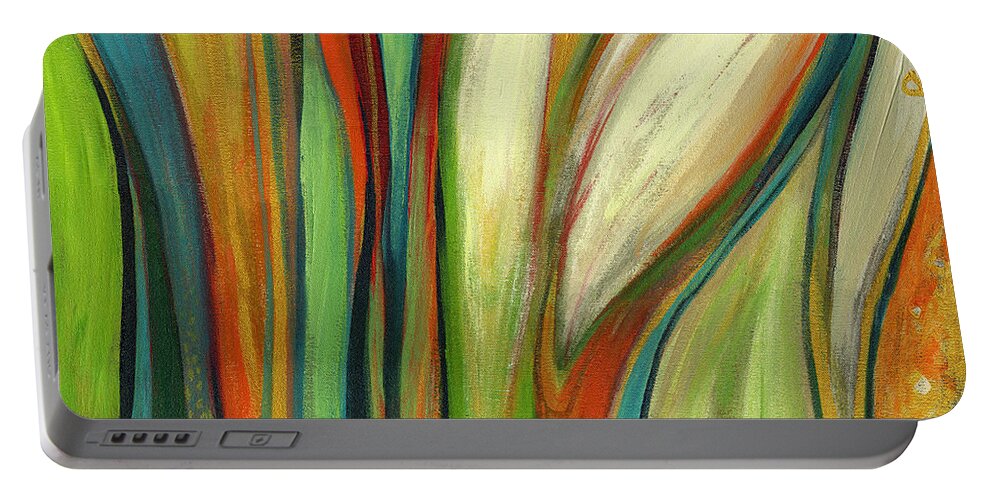Abstract Modern Color Paradise Bird Green Red Gold Klimt Jenlo Organic Portable Battery Charger featuring the painting Finding Paradise by Jennifer Lommers