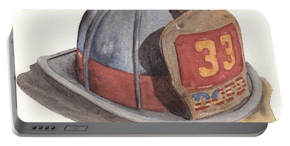 Fire Portable Battery Charger featuring the painting Firefighter Helmet With Melted Visor by Ken Powers