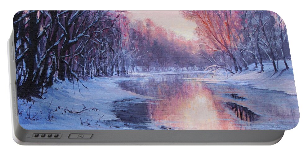Landscape Portable Battery Charger featuring the painting First Light by Karen Ilari