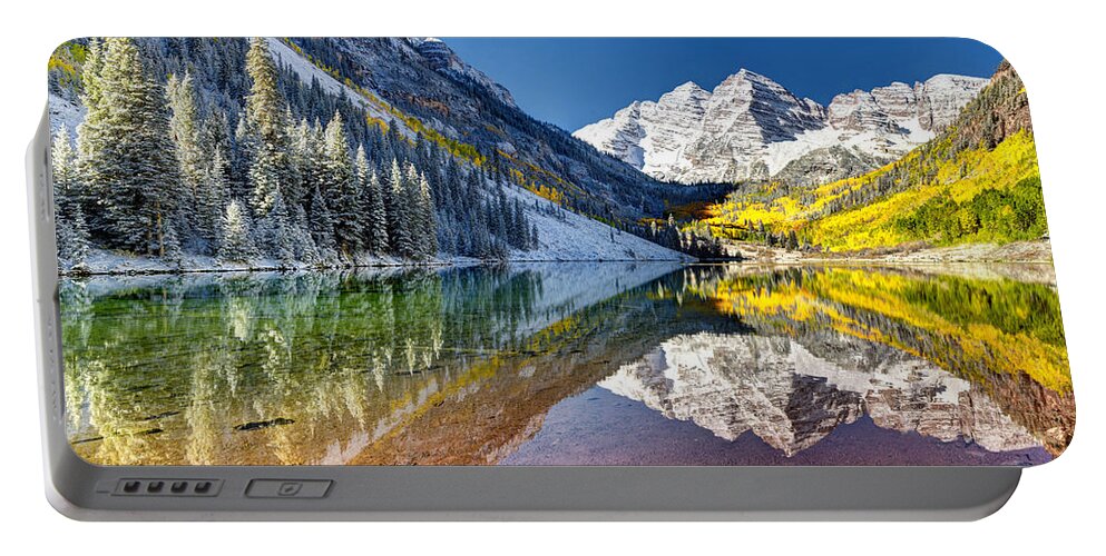 Maroon Bells Colorado Portable Battery Charger featuring the photograph First Snow Maroon Bells by OLena Art
