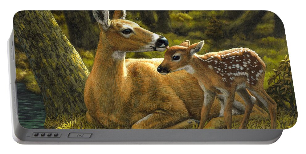 Deer Portable Battery Charger featuring the painting First Spring - variation by Crista Forest