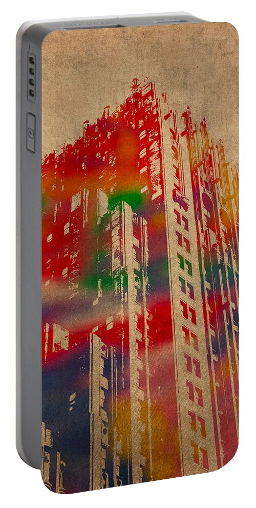 Fisher Portable Battery Charger featuring the mixed media Fisher Building Iconic Buildings of Detroit Watercolor on Worn Canvas Series Number 4 by Design Turnpike