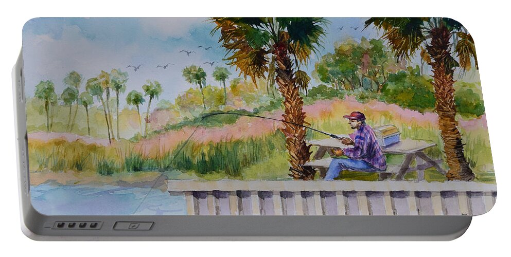 River Portable Battery Charger featuring the painting Fishing on the Peir by Jyotika Shroff