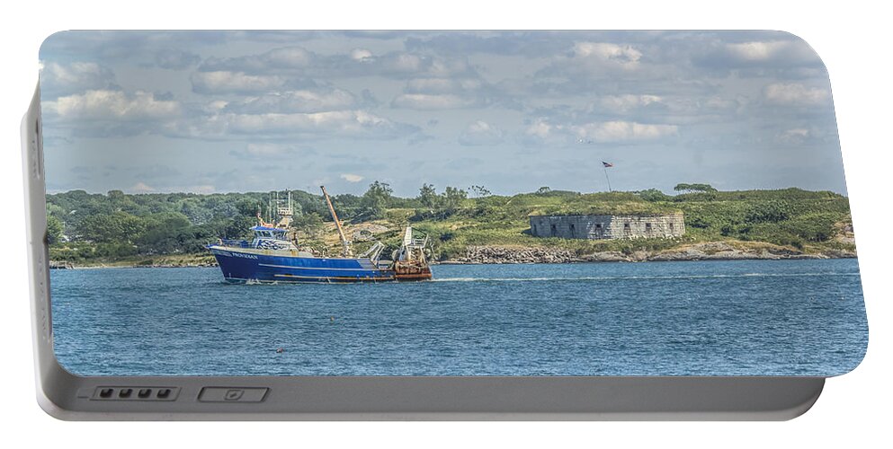 Maine Portable Battery Charger featuring the photograph Fishing trawler coming into port by Jane Luxton