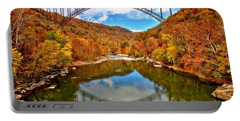 New River Gorge Portable Battery Charger featuring the photograph Flaming Fall Foliage At New River Gorge by Adam Jewell