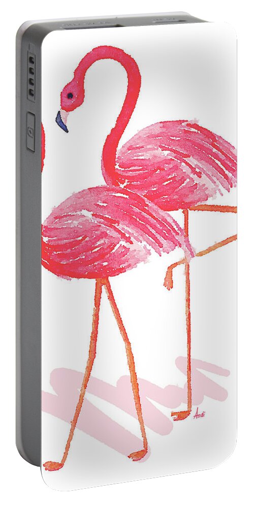 Flamingo Portable Battery Charger featuring the painting Flamingo Walk Watercolor II by Andi Metz