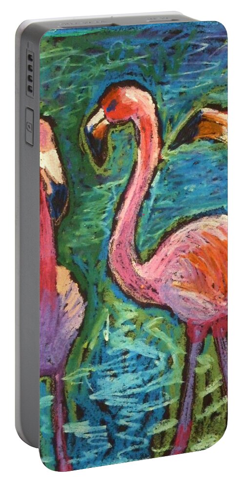 Pink Flamingoes Portable Battery Charger featuring the painting Flamingoes Wading by Ande Hall