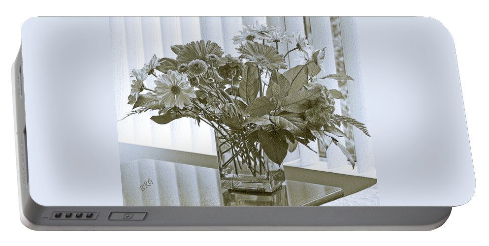 Floral Still Life Portable Battery Charger featuring the photograph Floral Arrangement With Blinds Reflection by Ben and Raisa Gertsberg