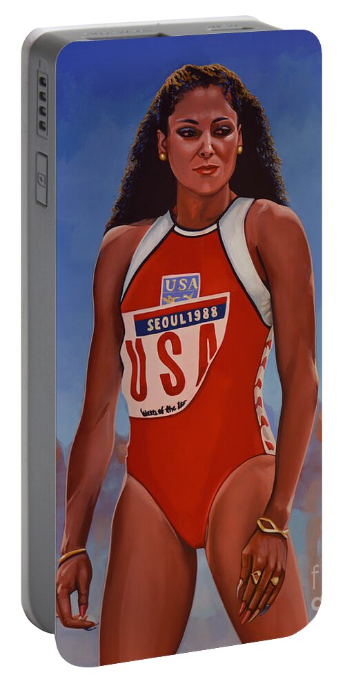 Florence Griffith Portable Battery Charger featuring the painting Florence Griffith - Joyner by Paul Meijering