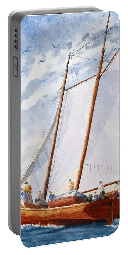 Boat Portable Battery Charger featuring the painting Florida Catboat at Sea by Roger Rockefeller