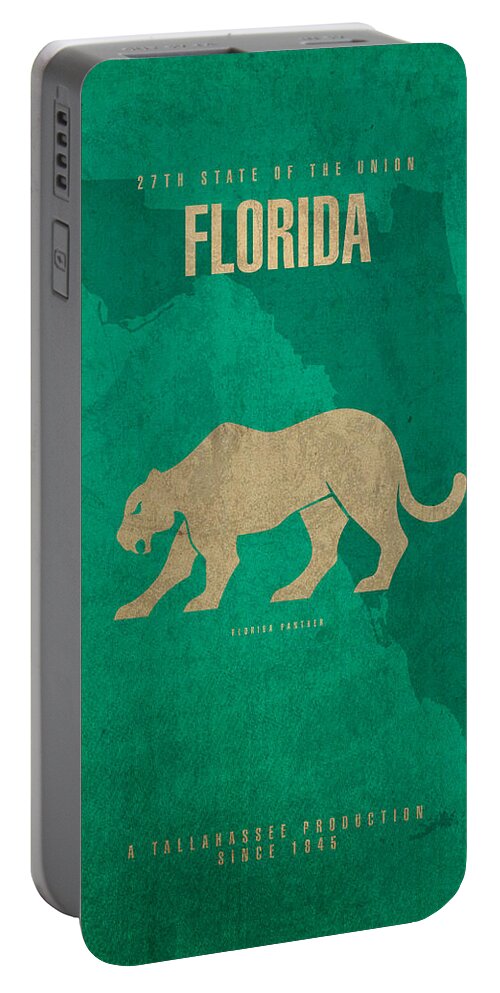 Florida Portable Battery Charger featuring the mixed media Florida State Facts Minimalist Movie Poster Art by Design Turnpike