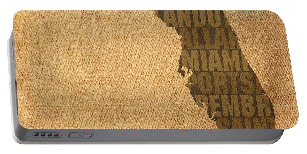 Florida Word Art State Map On Canvas Portable Battery Charger featuring the mixed media Florida Word Art State Map on Canvas by Design Turnpike