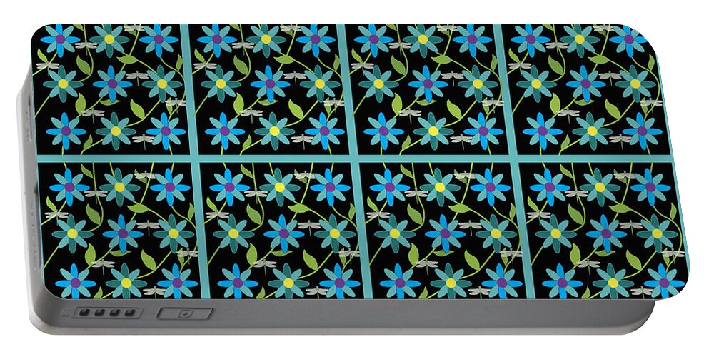 Flowers Portable Battery Charger featuring the digital art Flower and Dragonfly black tiled by Belinda Greb