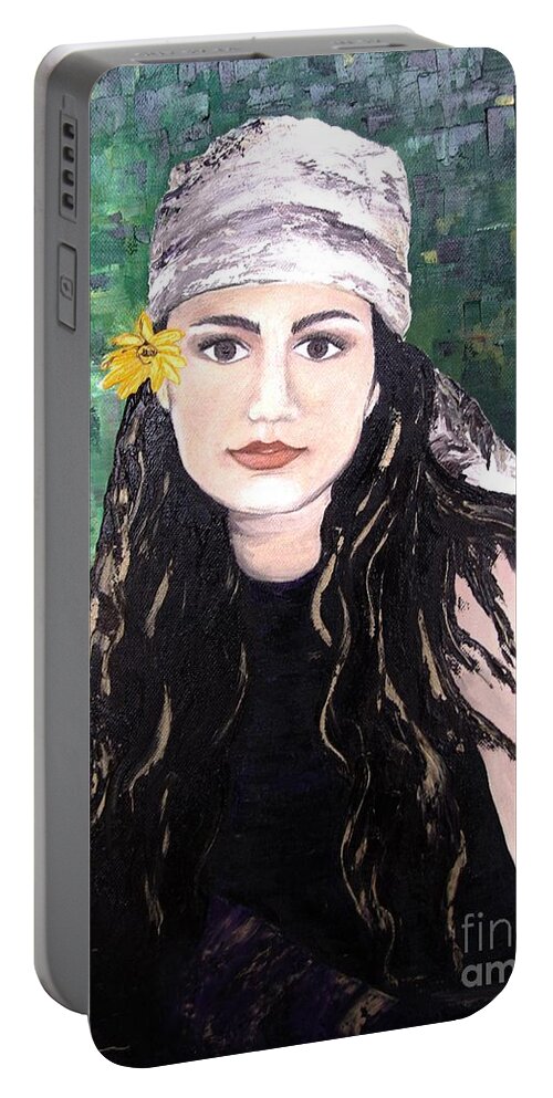Flower Power Portable Battery Charger featuring the painting Flower Power Girl by Amalia Suruceanu