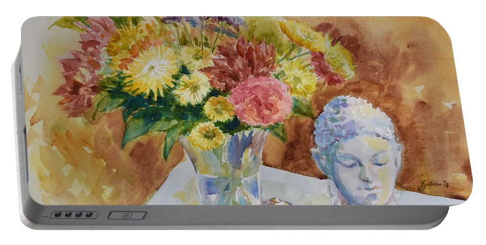 Still Life Portable Battery Charger featuring the painting Flower Vase with Buddha by Jyotika Shroff
