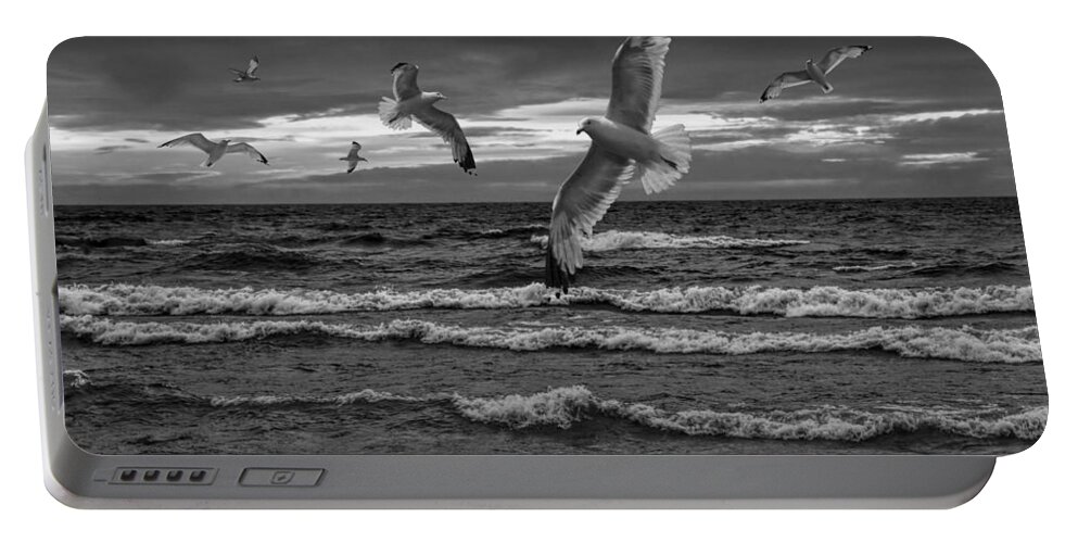 Surf Portable Battery Charger featuring the photograph Flying Gulls on Lake Michigan in Black and White by Randall Nyhof
