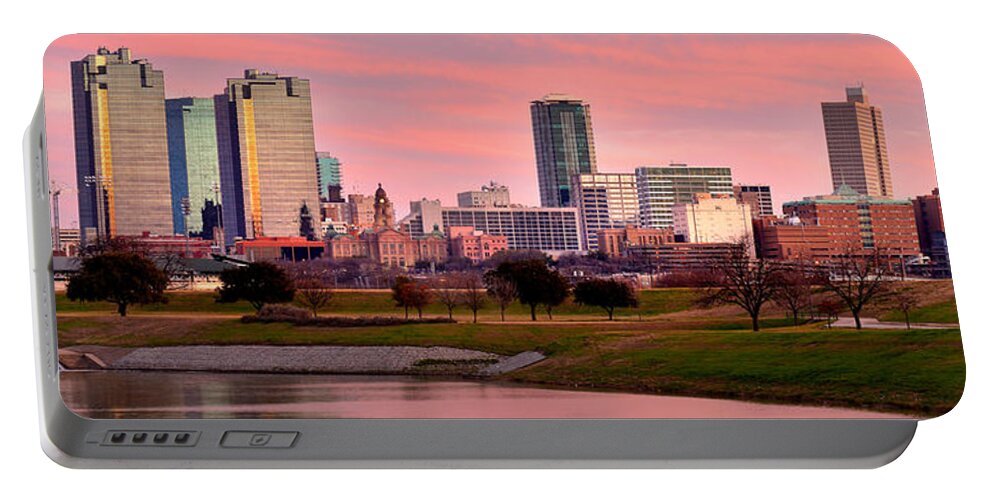 Fort Worth Skyline Portable Battery Charger featuring the photograph Fort Worth Skyline at Dusk Evening Color Evening Panorama Ft Worth Texas by Jon Holiday