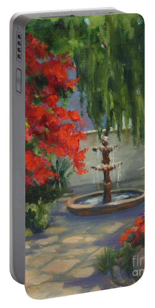Fountain Portable Battery Charger featuring the painting Relaxing in the Courtyard by Maria Hunt