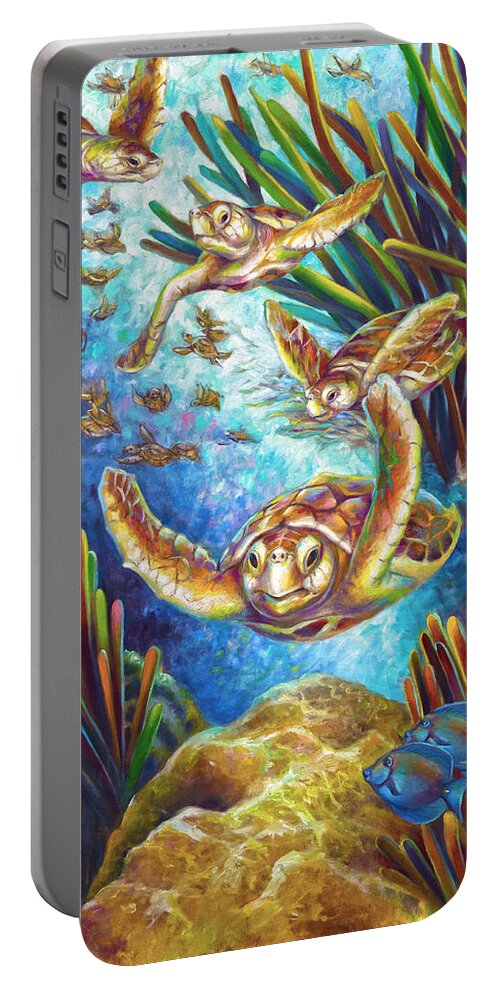 Loggerhead Portable Battery Charger featuring the painting Four Loggerhead Turtles by Nancy Tilles
