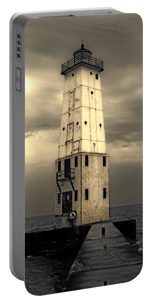 Lighthouse Portable Battery Charger featuring the photograph Frankfort North Breakwater by Michelle Calkins