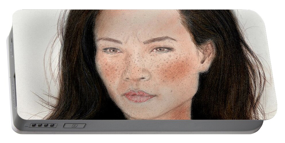 Drawing Portable Battery Charger featuring the drawing Freckle Faced Beauty Lucy Liu remake by Jim Fitzpatrick
