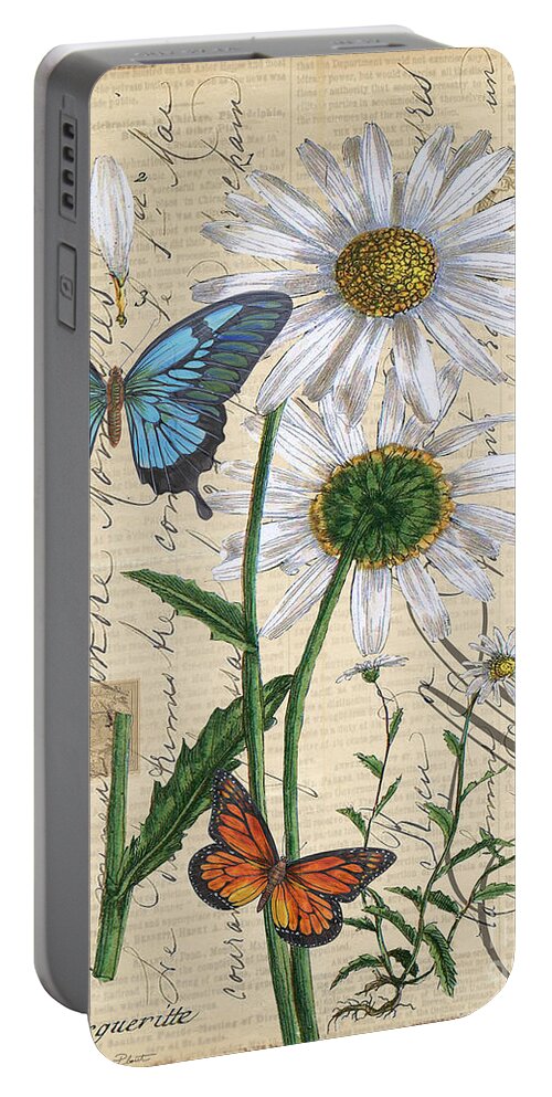 Flower Portable Battery Charger featuring the mixed media French Botanical-Marqueritte by Jean Plout