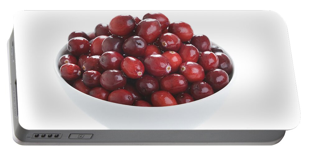 Cranberries Portable Battery Charger featuring the photograph Fresh Cranberries In A White Bowl by Lee Avison