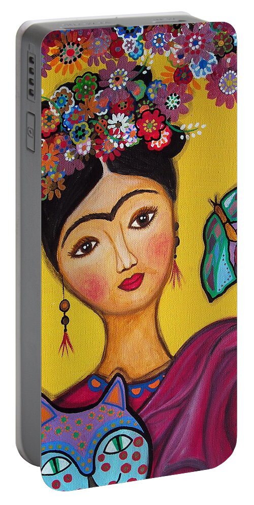 Frida Portable Battery Charger featuring the painting Frida Kahlo and her Cat by Pristine Cartera Turkus