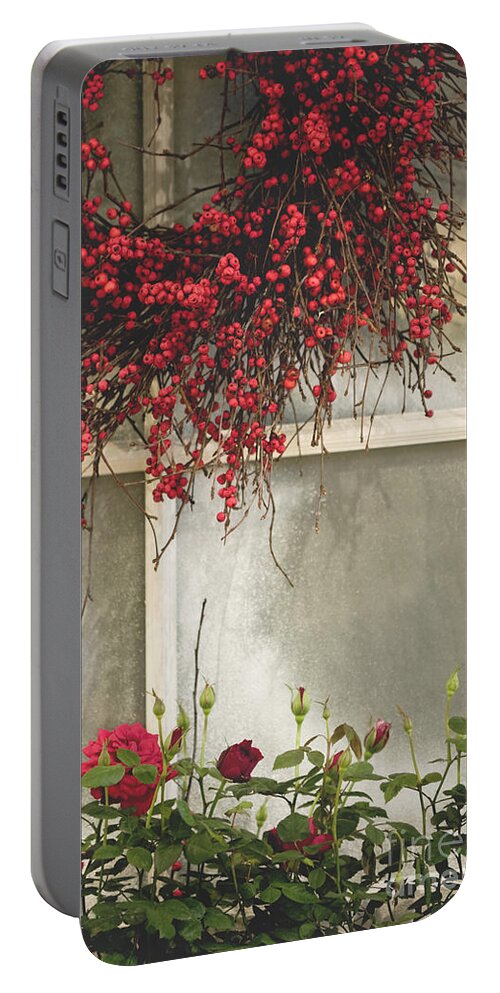 Window; Frost; Windowpane; Frosted; Wreath; Christmas; Red; Flowers; Country; House; Wooden; Home; Glass Portable Battery Charger featuring the photograph Frosted Windowpane by Margie Hurwich