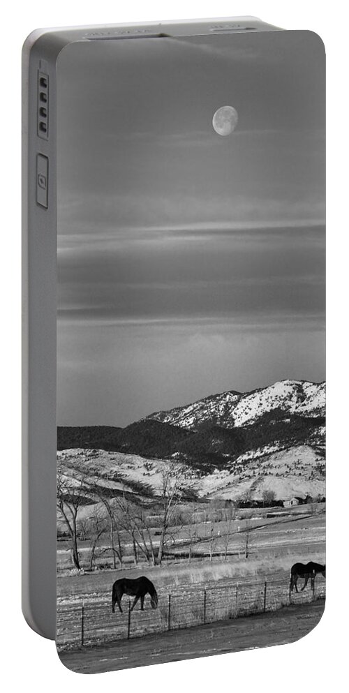 Horse Portable Battery Charger featuring the photograph Full Moon on the CO Front Range BW by James BO Insogna