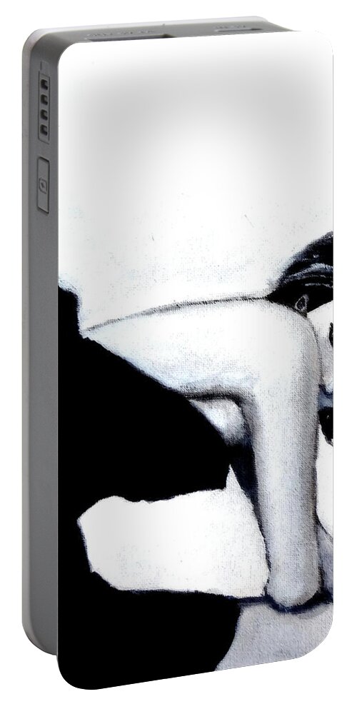 Girl Portable Battery Charger featuring the painting Gamine- French Girl in Black and White by Katy Hawk