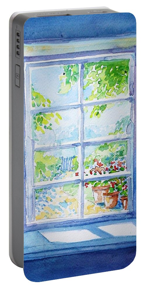 Garden Path Portable Battery Charger featuring the painting Garden Path through a Summer Window by Trudi Doyle