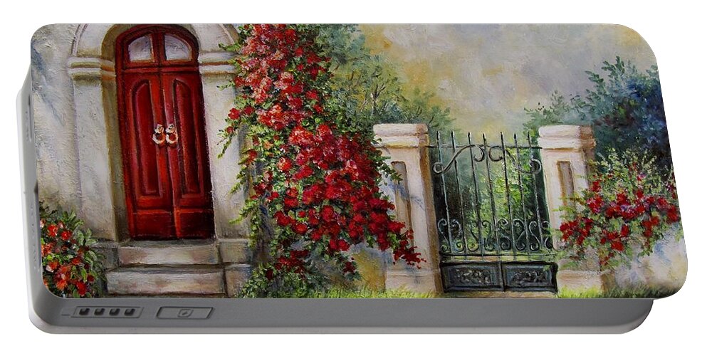 European Scene Portable Battery Charger featuring the painting Gate to the hidden Garden by Regina Femrite