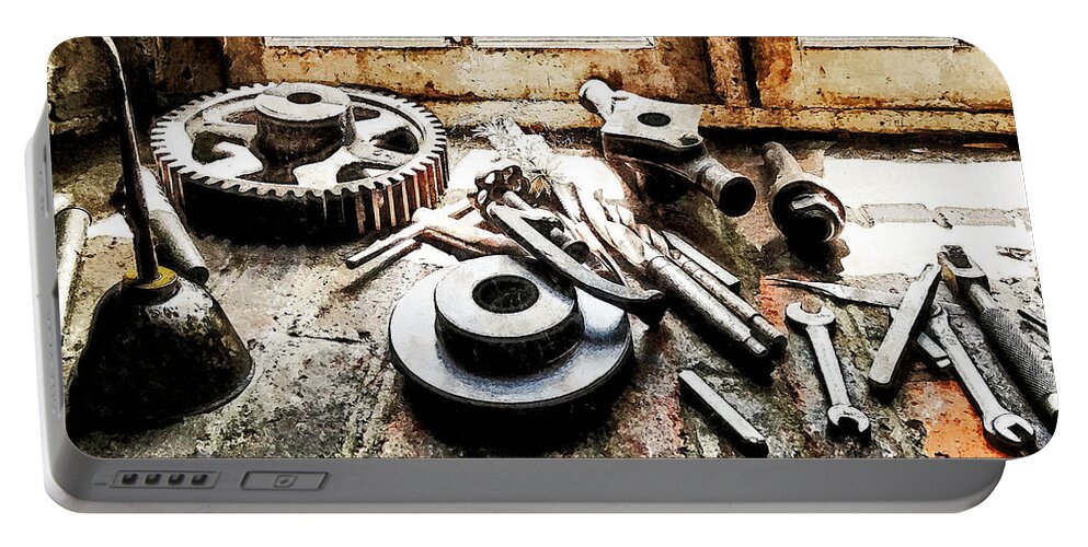 Gears Portable Battery Charger featuring the photograph Gears and Wrenches in Machine Shop by Susan Savad