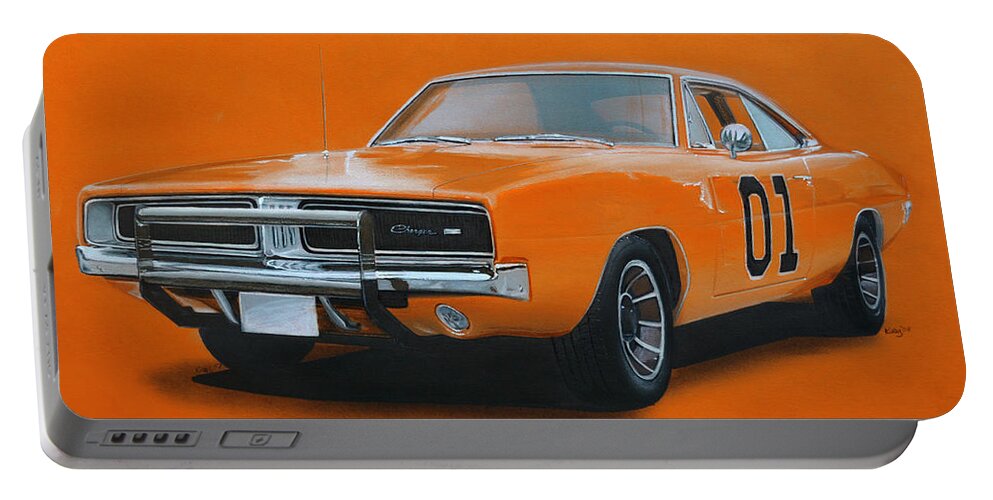Muscle Portable Battery Charger featuring the drawing General Lee Dodge Charger by Paul Kuras