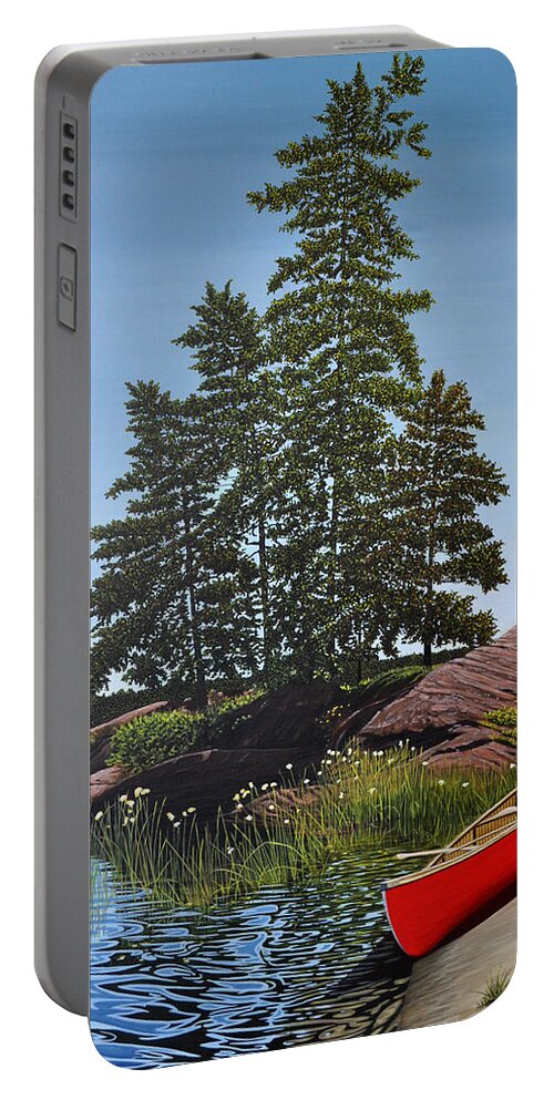 Landscapes Portable Battery Charger featuring the painting Georgian Bay Beached Canoe by Kenneth M Kirsch
