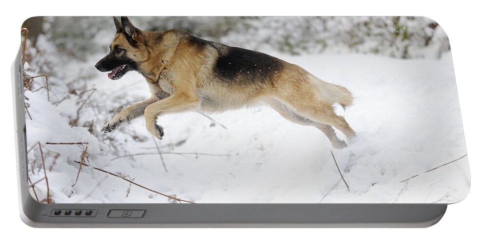 Dog Portable Battery Charger featuring the photograph German Shepherd Jumping by John Daniels