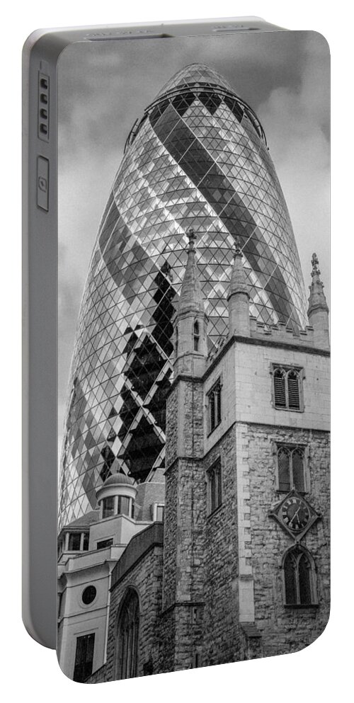21st Century Portable Battery Charger featuring the photograph Gherkin and St Andrew Undershaft black and white version by Gary Eason