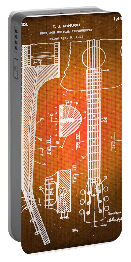 Guitar Portable Battery Charger featuring the drawing Gibson Thaddeus J Mchugh Guitar Patent Blueprint Drawing Sepia by Tony Rubino